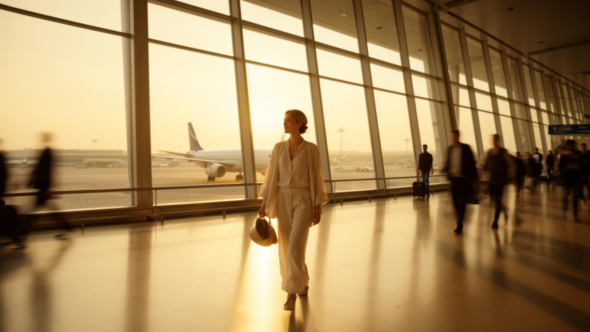 Traveler walking through a sunlit airport terminal